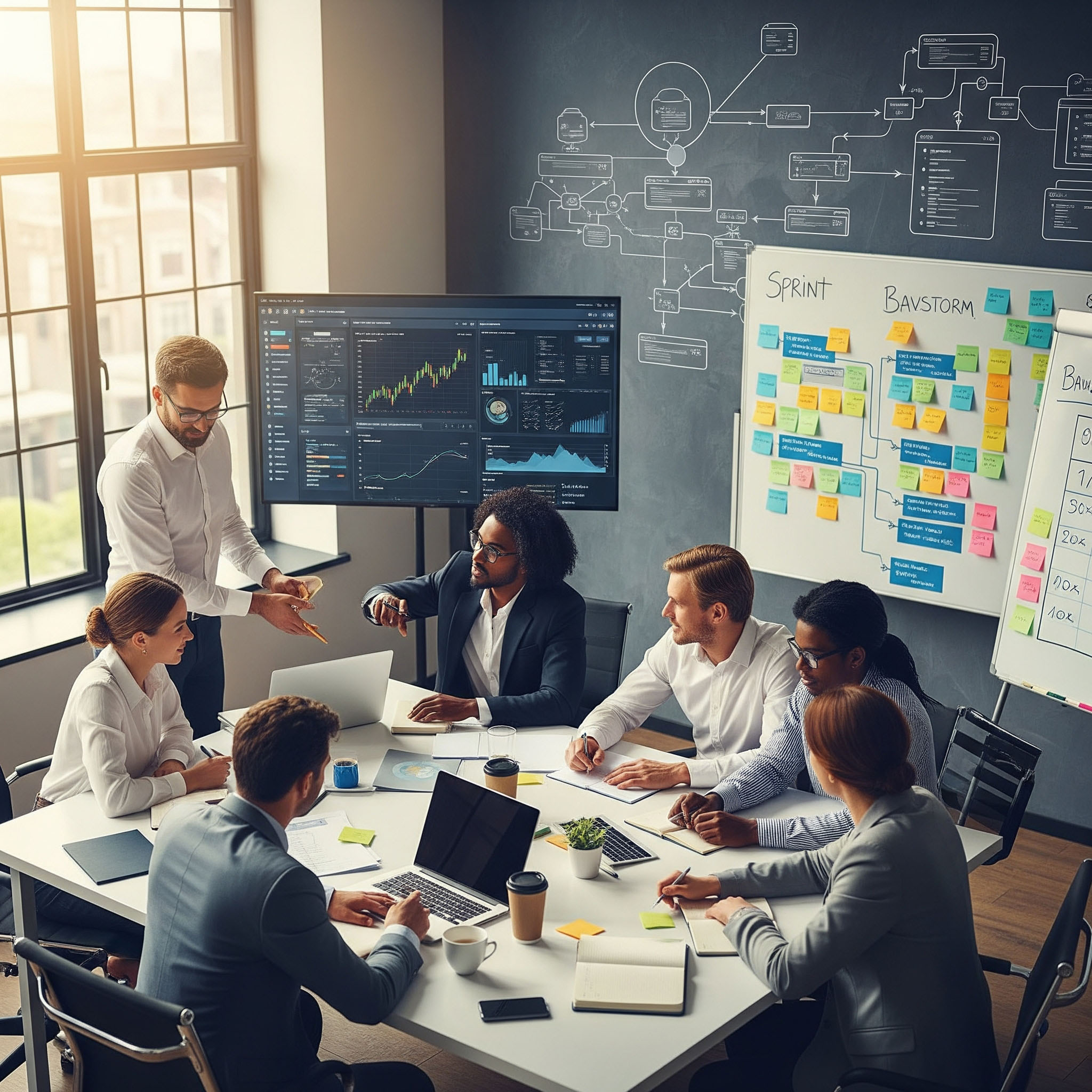 Agile team in a modern fintech office discussing project strategy with dashboards and Kanban board in the background