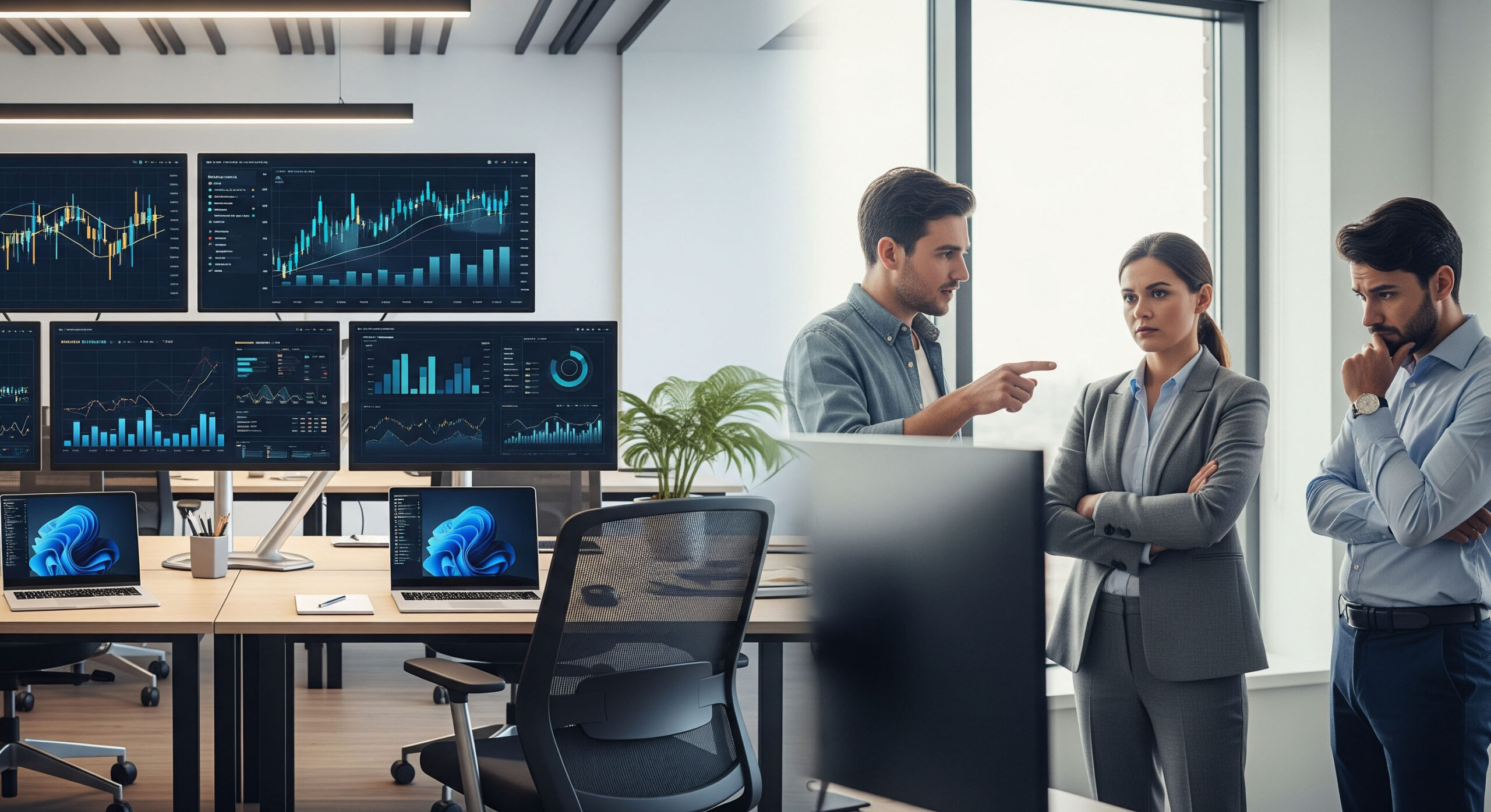 Team facing internal resistance during banking software development project, surrounded by modern fintech dashboards.