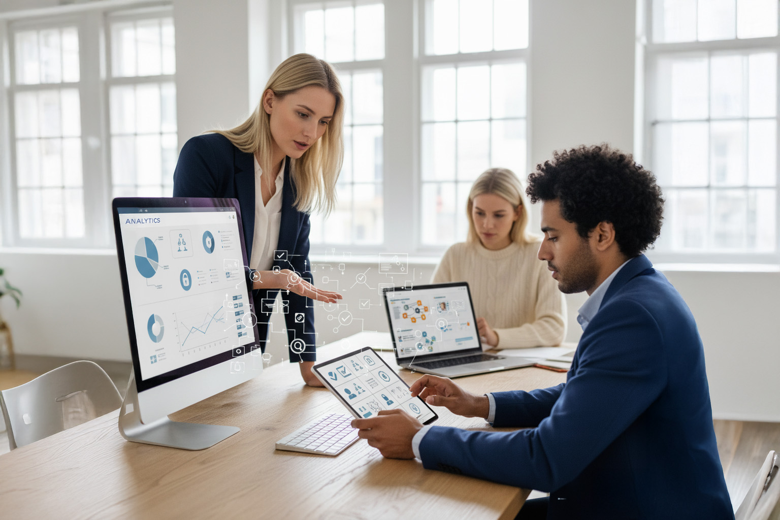 Three banking professionals using digital governance and analytics dashboards in a modern office setting